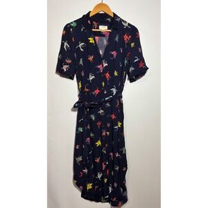 Maeve Anthropologie Navy Butterfly Print Midi Shirt Dress Belted Women's Small
